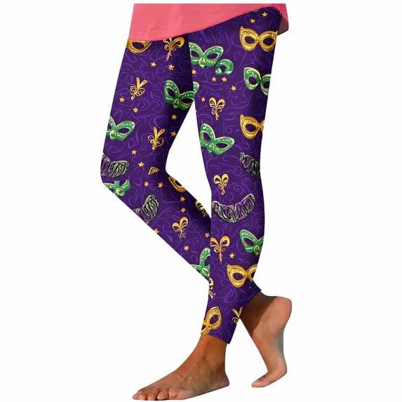 Festive Outfits for Women Mardi Gras Leggings Colorful Graphic Printed Tights Holiday Party Slim Fit Pants (3XL, Purple 01)