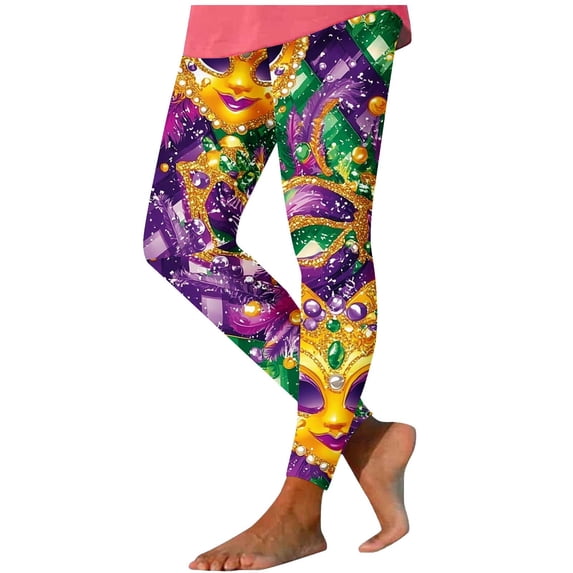 Festive Outfits for Women Mardi Gras Leggings Colorful Graphic Printed Tights Holiday Party Slim Fit Pants (XL, Gold)