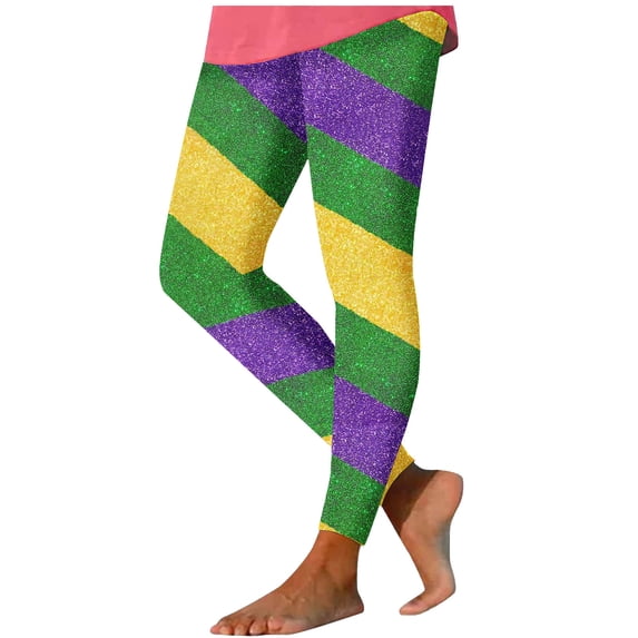 Festive Outfits for Women Mardi Gras Leggings Colorful Graphic Printed Tights Holiday Party Slim Fit Pants (XL, Green)