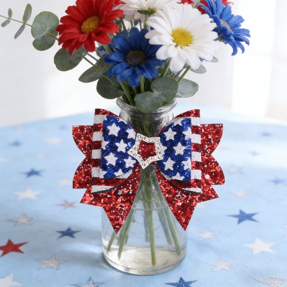 Festive Patriotic Glitter Bow Decorations Set with Sparkling Star Design, Red White Blue Fabric Bows for 4th of July Table Decor, Party Centerpiece and Gift Wrapping