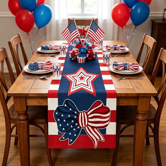 Festive Patriotic Star Table Runner, 4th Of July Memorial Day Decorative Linen, Breathable Wrinkle Resistant Material, Versatile Home Decor for Daily Dining, Family Gathering & Holiday Layout