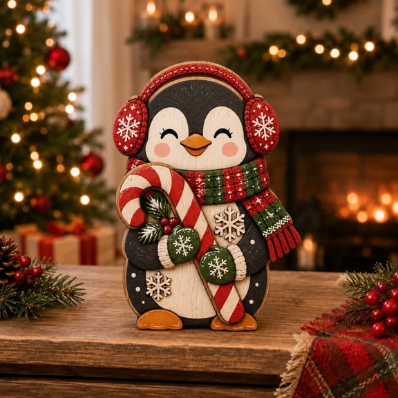 Festive Penguin Christmas Block Decor