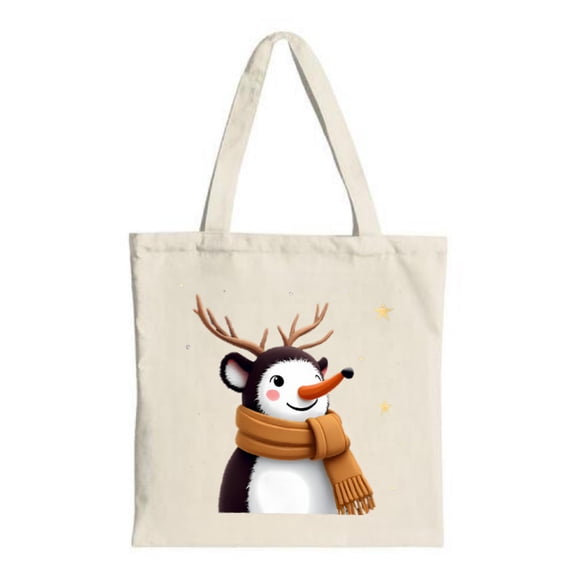 Festive Penguin Tote Bag - Cute Cartoon Design with Scarf & Antlers Perfect for Winter Parties Travel & Shopping Eco-Friendly Canvas