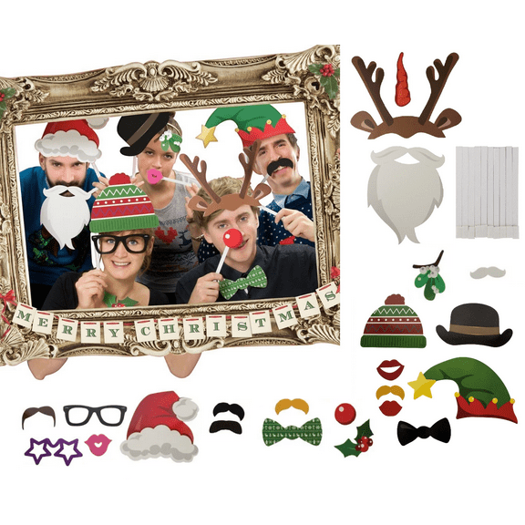 Holiday Festive Photo Booth Frame With 22 Props and 25 Adhesive Prop Sticks