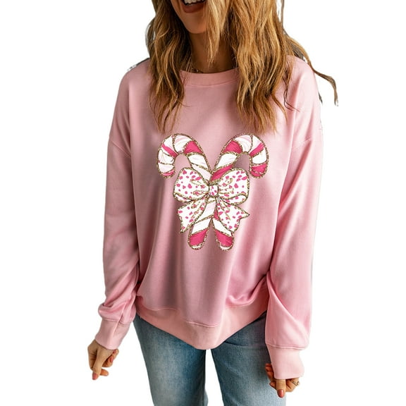 Festive Pink Sweatshirt with Candy Cane Graphics and Bow Detail - Cozy Holiday Wear - [ZhiHiMeRi] | (US 16-18)XL