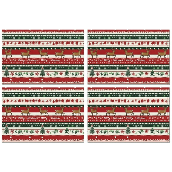 Festive Placemats Set of 4, 12x17 Inch Christmas Watercolor Design - Wipeable Vinyl Mats for Dining Table Holiday Season Decor