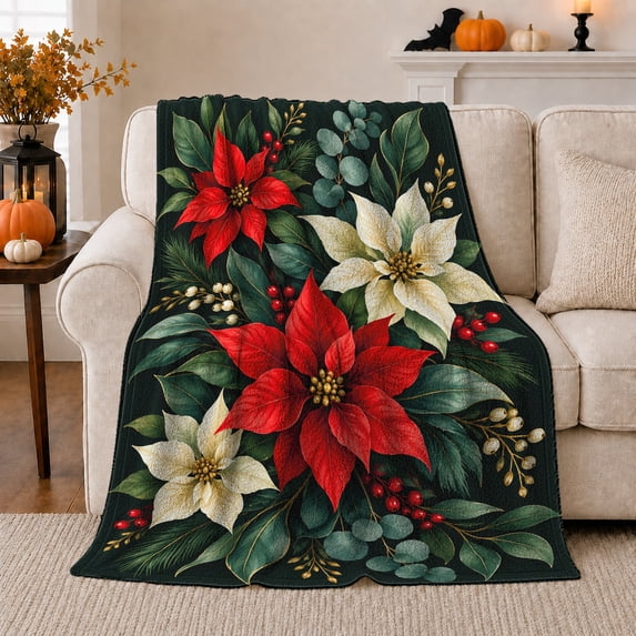 Festive Poinsettia Berry Arrangement Green, Festive Holiday Scene, Warm Flannel Blanket for Living Room and Family Room, Art Lovers Housewarming Gift, Festive Home Decor