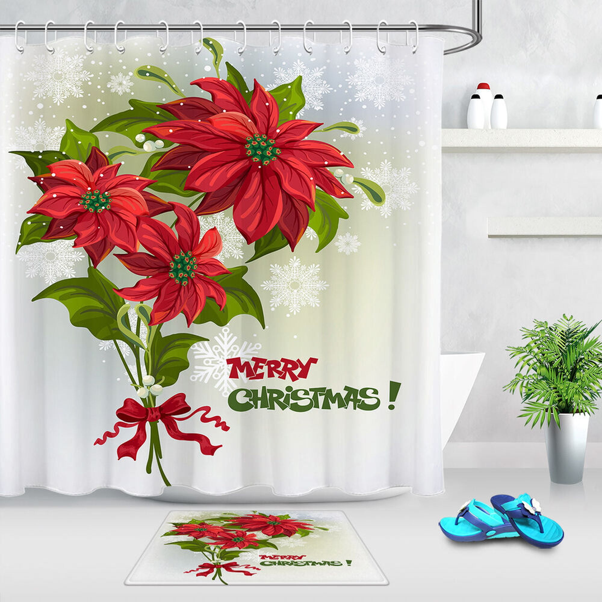 Merry Christmas Floral Poinsettia Snowflakes Shower Curtain Bathroom ...