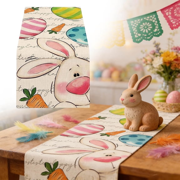 Festive Polyester Easter Table Runner With Rabbits Eggs And Carrot Print, 13 X 72 Inch, High-Definition Colors, Washable Durable Home Dining Kitchen Coffee Table Accent For Spring Holiday Party Decor