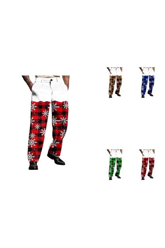 Festive Print Casual Dress Pants, Comfortable Slim Fit Trousers, Classic Design for Holiday Parties, Xmas Reindeer Snowflake Print