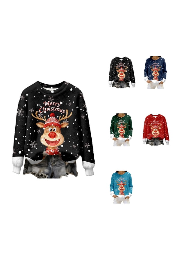 Festive Print Cozy Flannel Pullover Sweater For Casual Long Sleeve Crewneck Holiday Top Soft Warm Winter Knitwear