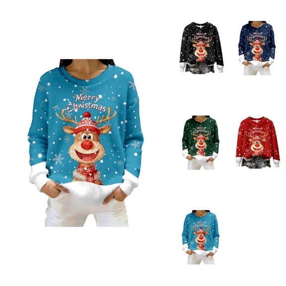 Festive Print Cozy Flannel Pullover Sweater For Casual Long Sleeve Crewneck Holiday Top Soft Warm Winter Knitwear
