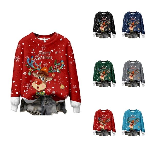 Festive Print Cozy Flannel Pullover Sweater For Long Sleeve Casual Crewneck Holiday Top
