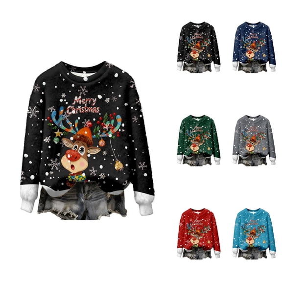 Festive Print Cozy Flannel Pullover Sweater For Long Sleeve Casual Crewneck Holiday Top