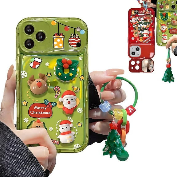 Festive Protective Phone Case, Flip Mirror Case Cover with Christmas Tree Pendant Charm for iPhone 17/17 Pro/17 ProMax, 16/16 Pro/16 ProMax/16 Plus, 15/15 Pro/15 Pro Max/15 Plus
