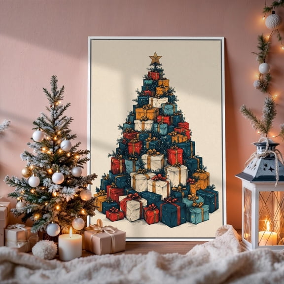 Festive Pyramid Of Presents Poster Abstract Tree Wall Art Boxes Poster Decor Ready To Hang, Unframed Poster Size 24x36