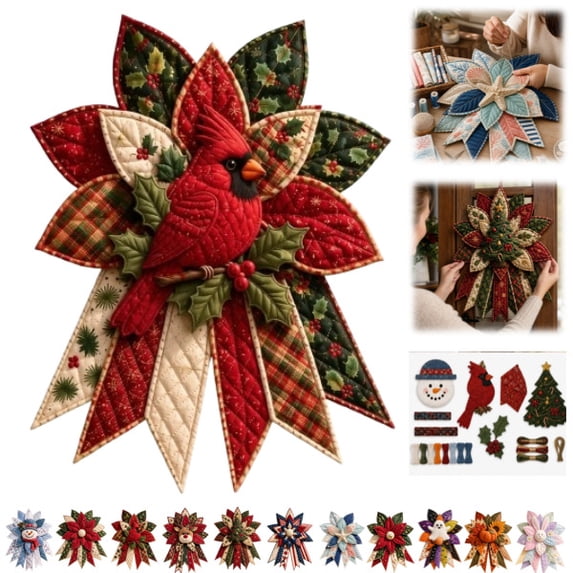 Festive Quilted Christmas Door Hanging DIY Sewing Kit – Complete Bow Craft Set with Fabric Batting Thread Templates, Patchwork Decor for Wall Door Display(A)