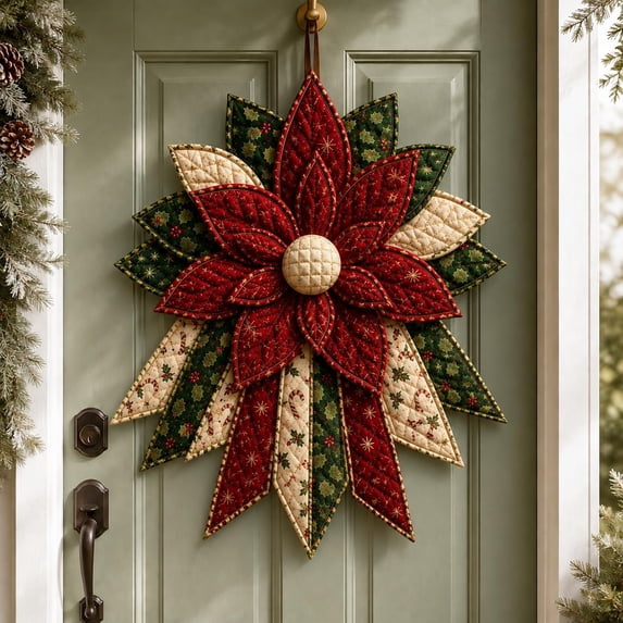 Festive Quilted Christmas Door Hanging DIY Sewing Kit,Crimson Poinsettia Bloom | 3D Padded Patchwork Sewing Set for Beginners, DIY Quilted Christmas Tree Kit, Gift for Craft Lovers, C