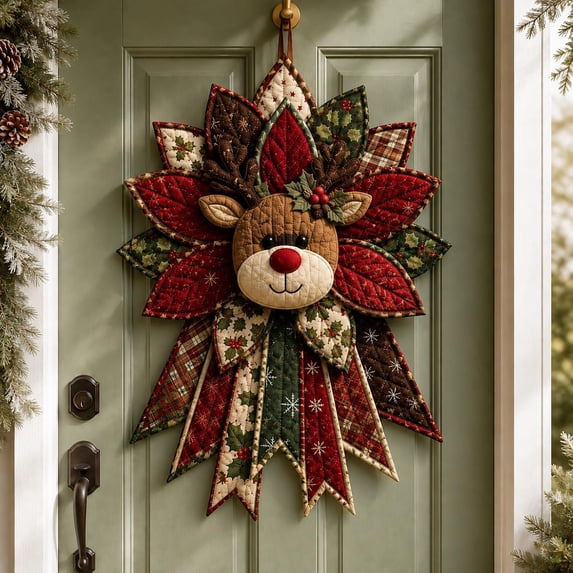 Festive Quilted Christmas Door Hanging DIY Sewing Kit,Holly Reindeer Delight | 3D Padded Patchwork Sewing Set for Beginners, DIY Quilted Christmas Tree Kit, Gift for Craft Lovers, E