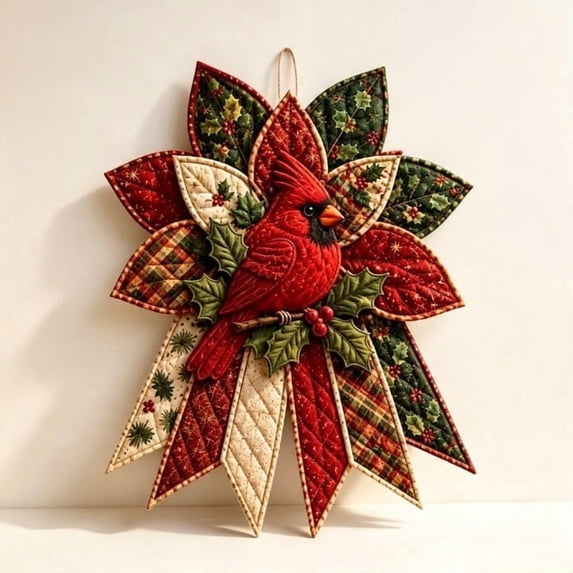 Festive Quilted Christmas Door Hanging DIY Sewing Kit,Scarlet Cardinal Song | 3D Padded Patchwork Sewing Set for Beginners, DIY Christmas Fabric Wall Hanging Kit