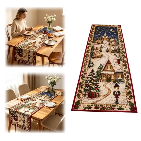 Festive Quilted Winter Snow Village Table Runner for Christmas Holiday Dining Room Kitchen Buffet Decor (Christmas Town-M-183cm)