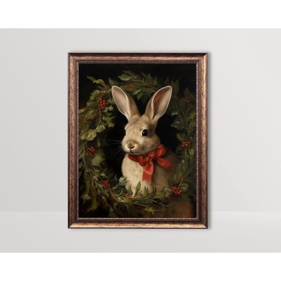 Festive Rabbit, Dark Academia Wall Art, Gothic Winter Hare Bunny, Goth Decor, Moody Winter Poster Warm Present Vintage UNFRAMED Poster Size 16x24