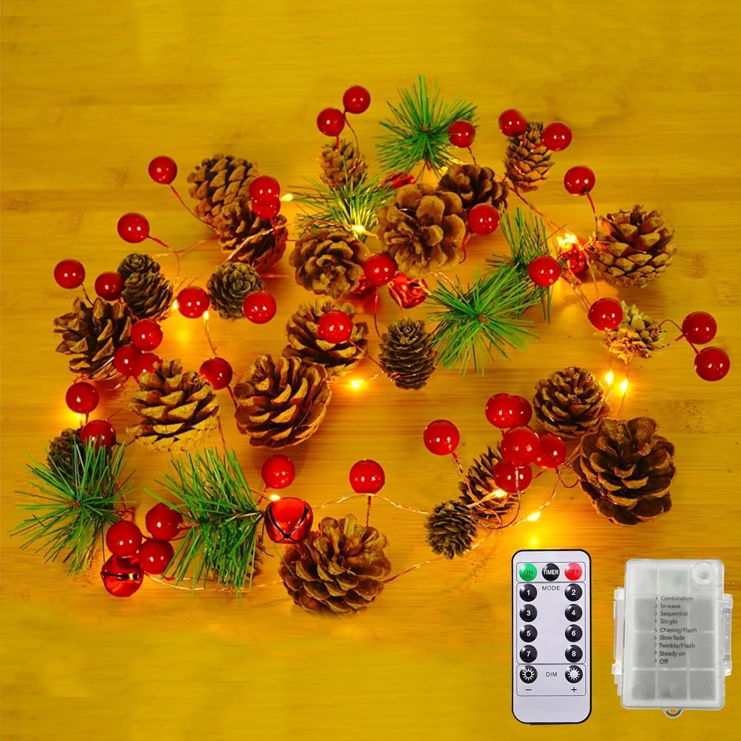 Festive Red Berry Pine Cone Christmas Garland with 20 LED Lights, 6.5FT