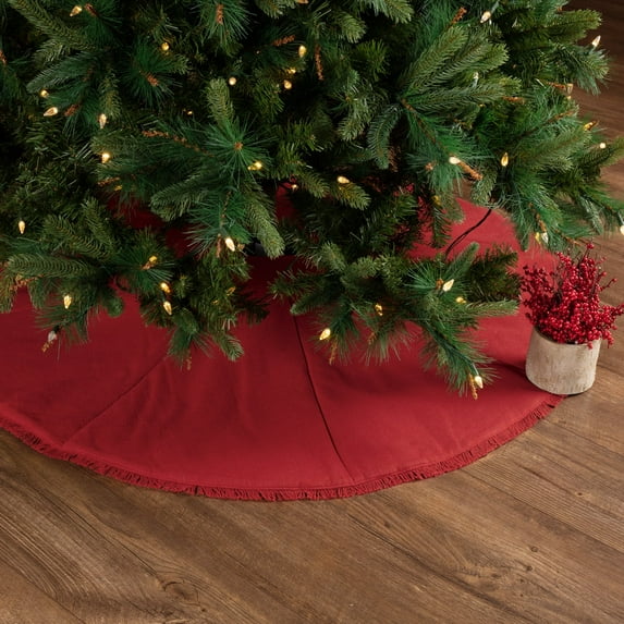 VHC Brands Festive Red Burlap Cotton Festive Fringe Holiday Rustic Country Christmas Tree Skirt 48