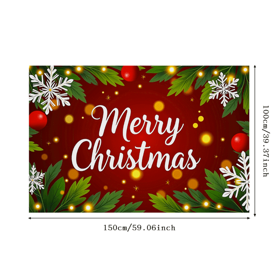 Festive Red Christmas Banner with Leafy Greenery Glowing Lights and Snowflakes Backdrop Decoration for Christmas Parties Holiday Celebrations Family Gatherings Photo Booths