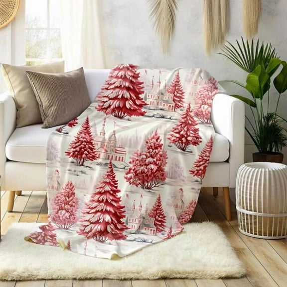 Festive Red Christmas Toile Blanket, Cozy Pine Tree Throw for Holiday Winter Decor, Country Cottage Bedding, Thanksgiving & Christmas Gift for Men Women Kids