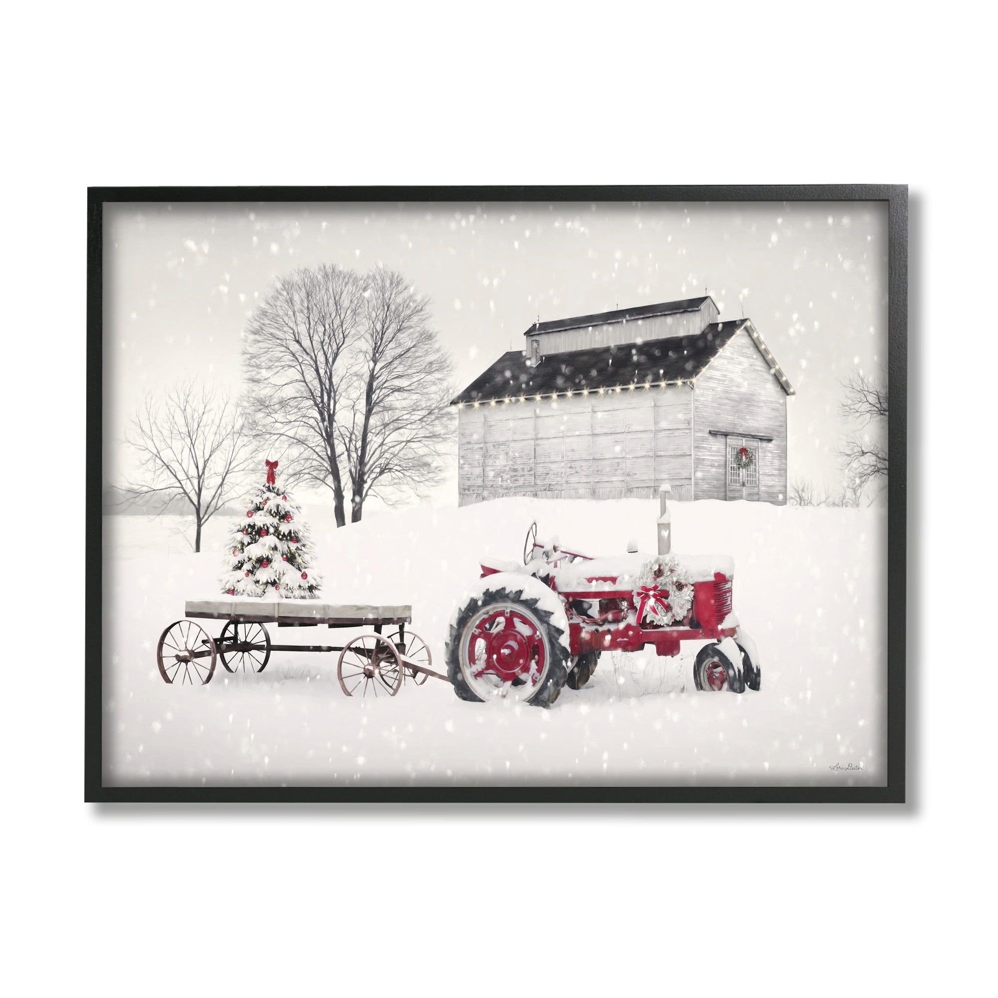 Festive Red Christmas Tractor Niveous Countryside Flurries Landscape Painting Framed Art Print Wall Art