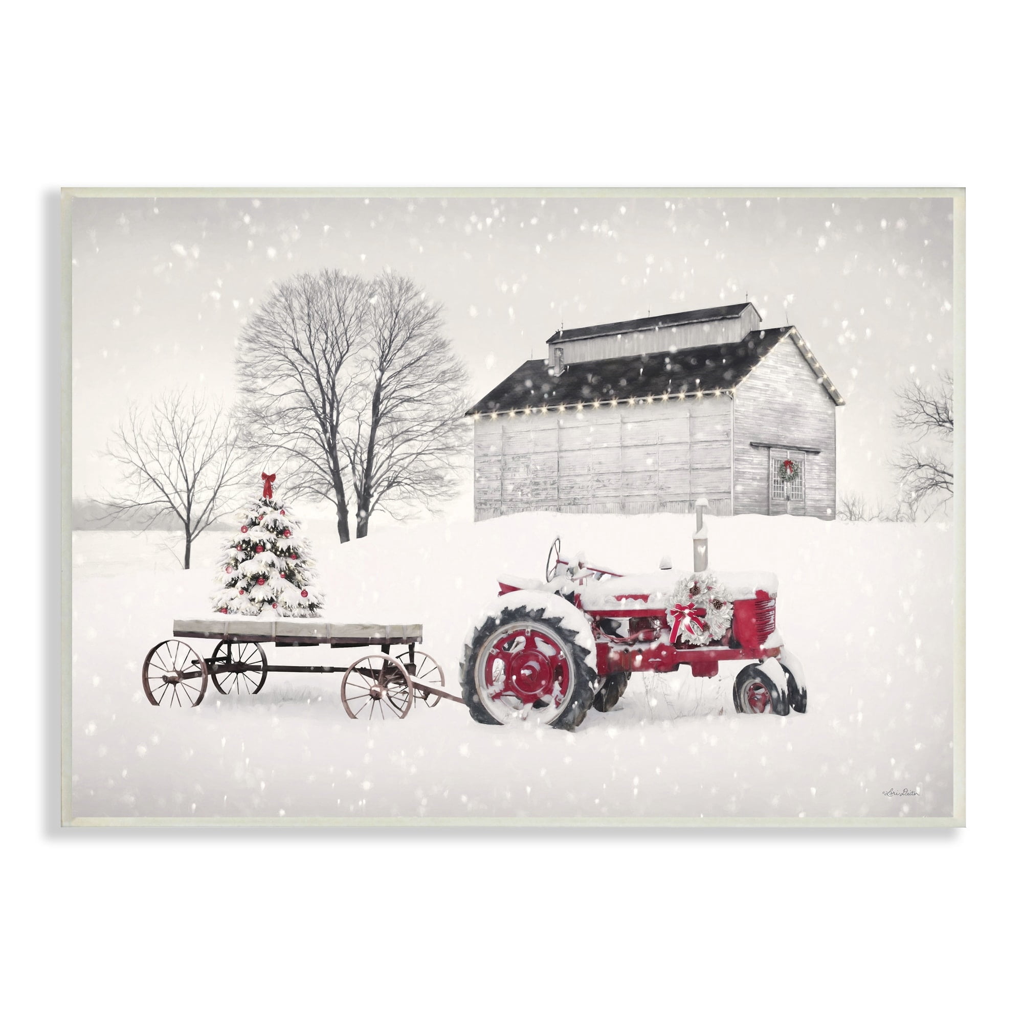 Festive Red Christmas Tractor Niveous Countryside Flurries Landscape Painting Unframed Art Print Wall Art