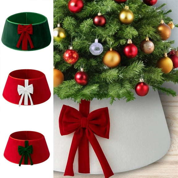 Festive Red Christmas Tree Collar with Green Velvet Bow, Decorative Holiday Skirt Alternative