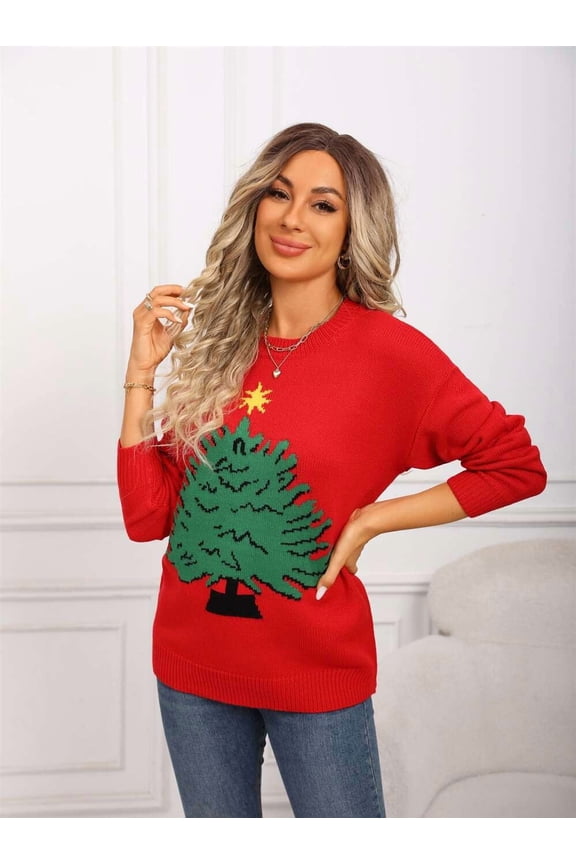 Festive Red Christmas Tree Sweater (S, Red)