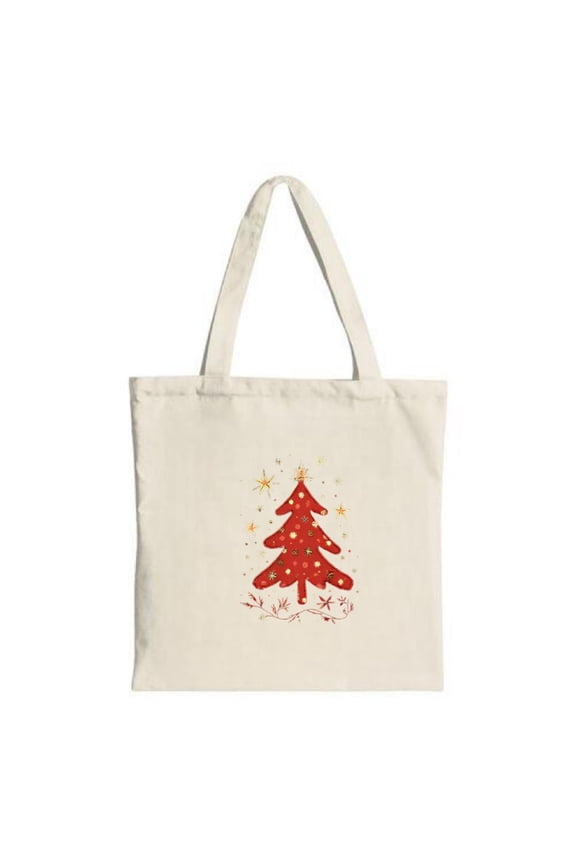 Festive Red Christmas Tree Tote Bag - Canvas Reusable with Stars & Swirls Perfect for Holiday Shopping Parties & Travel