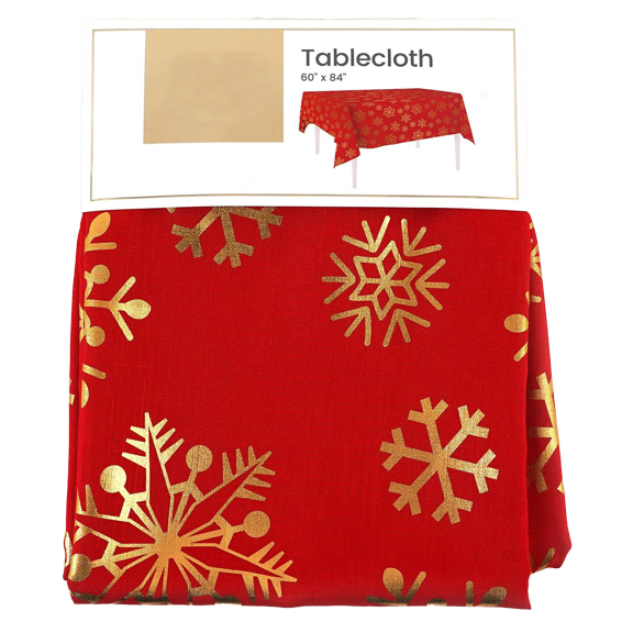 Festive Red & Gold Snowflake Fabric Tablecloth 60" x 84", Elegant Holiday Dining Table Cover