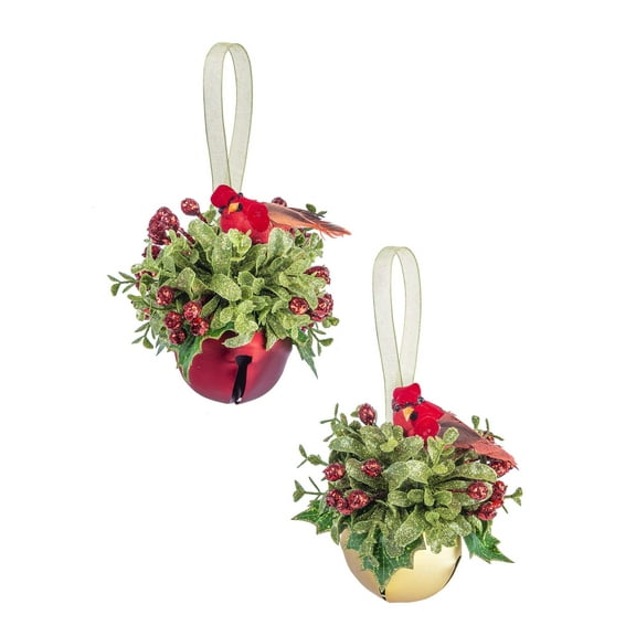 Midwest Festive Red Green Cardinal Sleigh Bells 4 inch Acrylic Decorative Ornament, Set of 2