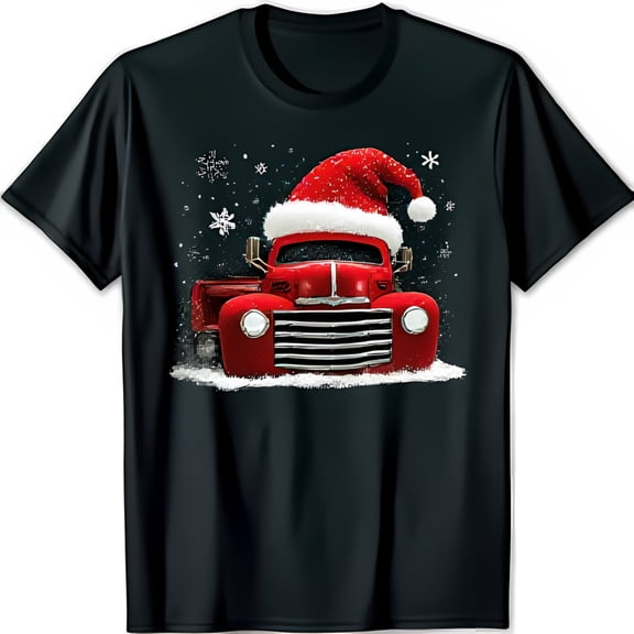Festive Red Pickup Truck with Santa Hat & Snowy Background Black T-Shirt