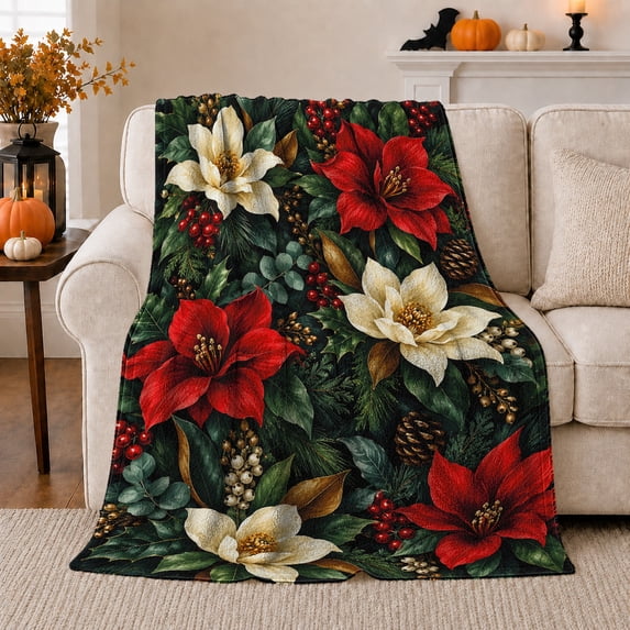 Festive Red Poinsettia Pinecone Botanical Arrangement Christmas, Festive Holiday Scene, Warm Flannel Blanket for Living Room and Family Room, Art Lovers Housewarming Gift, Festive Home Decor