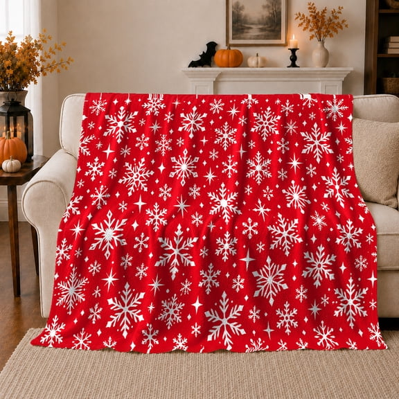 Festive Red Snowflake Winter Living Room, Festive Holiday Scene, Warm Flannel Blanket for Living Room and Family Room, Art Lovers Christmas Gift, Festive Home Decor