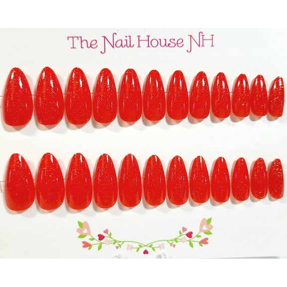 Festive Red Sparkle Glossy Almond Press On Nails - 24 Pieces - Artificial Nail Kit - Holiday Nails