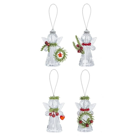Festive Red Teeny Mistletoe Angel 3 inch Acrylic Decorative Ornament, Set of 4