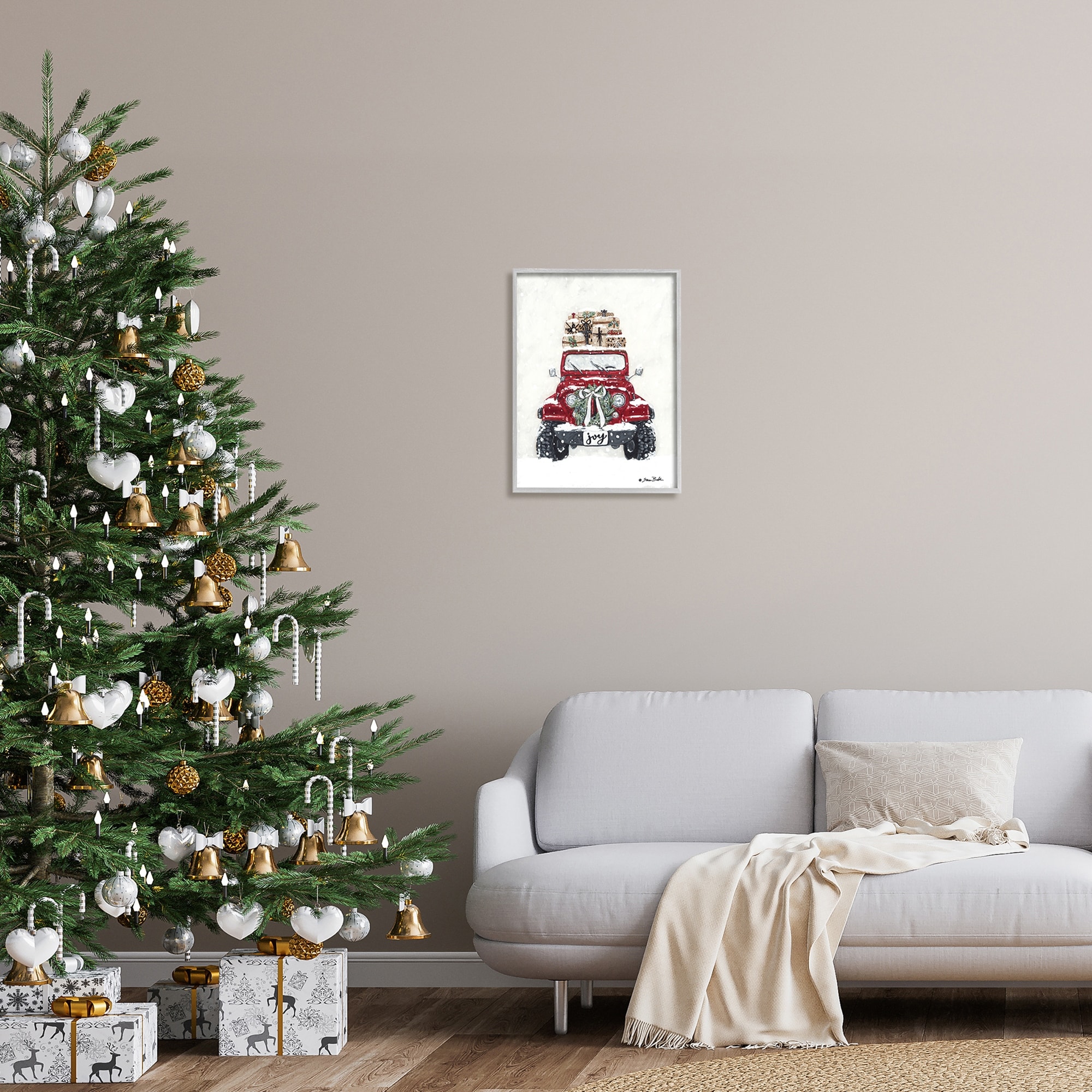 Festive Red Truck Christmas Presents Snowscape Flurry Transportation Painting Framed Art Print Wall Art