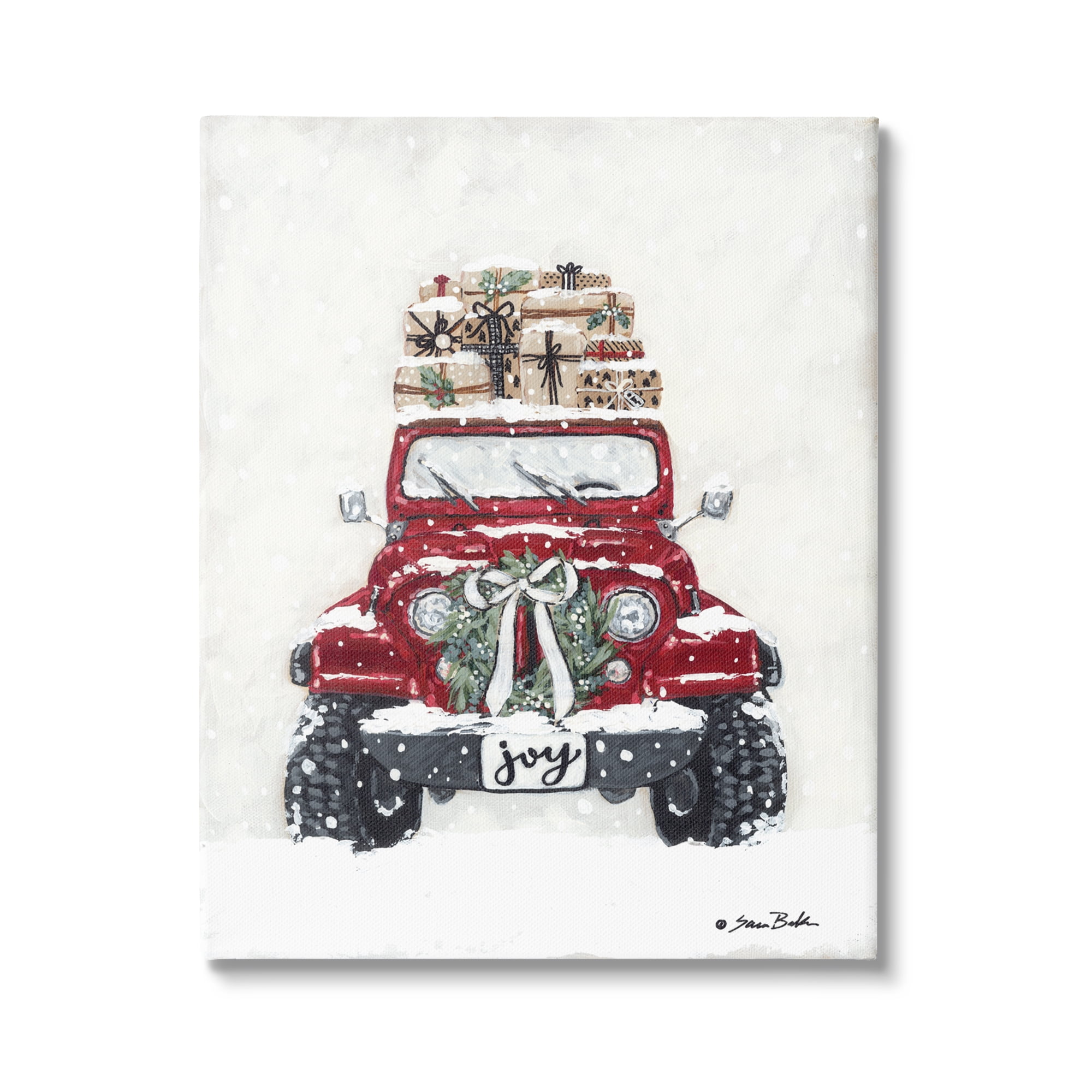 Festive Red Truck Christmas Presents Snowscape Flurry Transportation Painting Gallery-Wrapped Canvas Print Wall Art