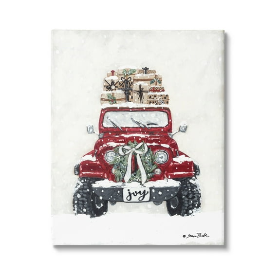 Festive Red Truck Christmas Presents Snowscape Flurry Transportation Painting Gallery-Wrapped Canvas Print Wall Art