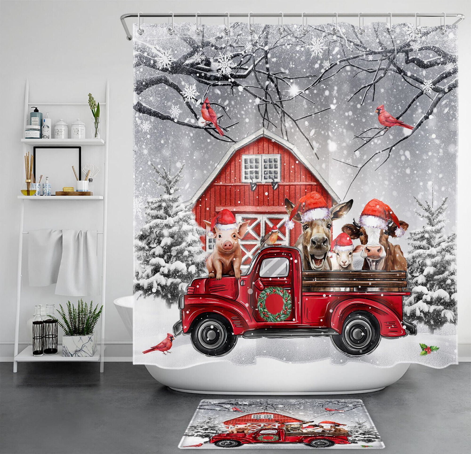 Festive Red Truck Shower Curtain Rustic Winter Bath Decor for Cozy