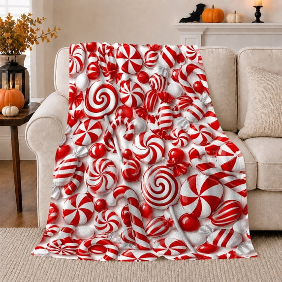 Festive Red White Candy Cane Spiral Pattern Cheerful, Festive Holiday Scene, Warm Flannel Blanket for Living Room and Family Room, Art Lovers Housewarming Gift, Festive Home Decor