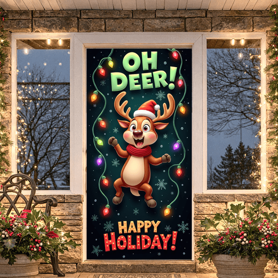Festive Reindeer Christmas Banner Holiday Decoration Colorful Lights for Winter Celebration Indoor Decoration Kids Party