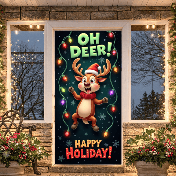 Festive Reindeer Christmas Banner Holiday Decoration Colorful Lights for Winter Celebration Indoor Decoration Kids Party