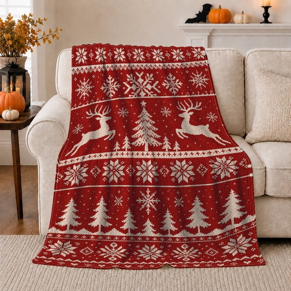 Festive Reindeer Christmas Tree Scene Nordic Knit Pattern, Festive Holiday Scene, Warm Flannel Blanket for Living Room and Family Room, Art Lovers Christmas Gift, Festive Home Decor
